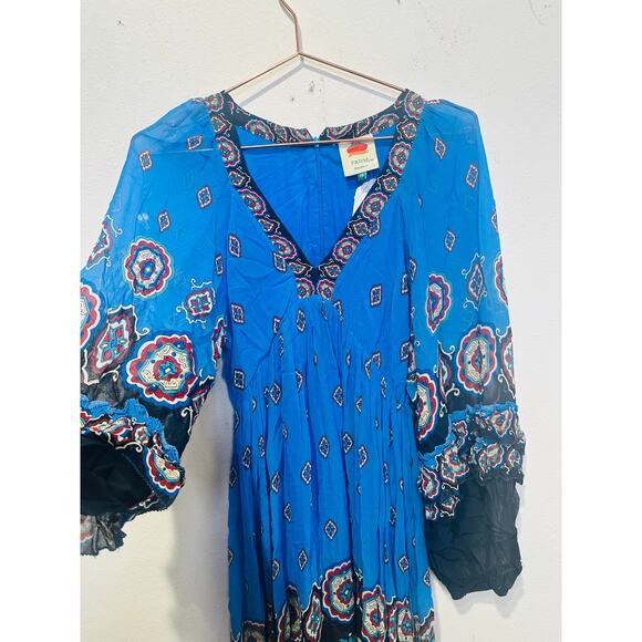 FARM RIO Blue Black Bell Sleeve Ainika Tiles Flowy V-Neck Maxi Gown Size XS - Picture 13 of 14